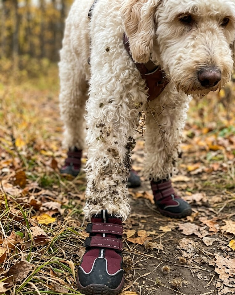 Doodle on a dry summer trail with leg fur exposed